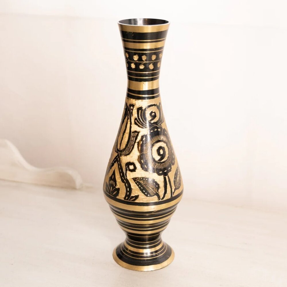 Medium Black and Gold Brass Etched Floral Vase